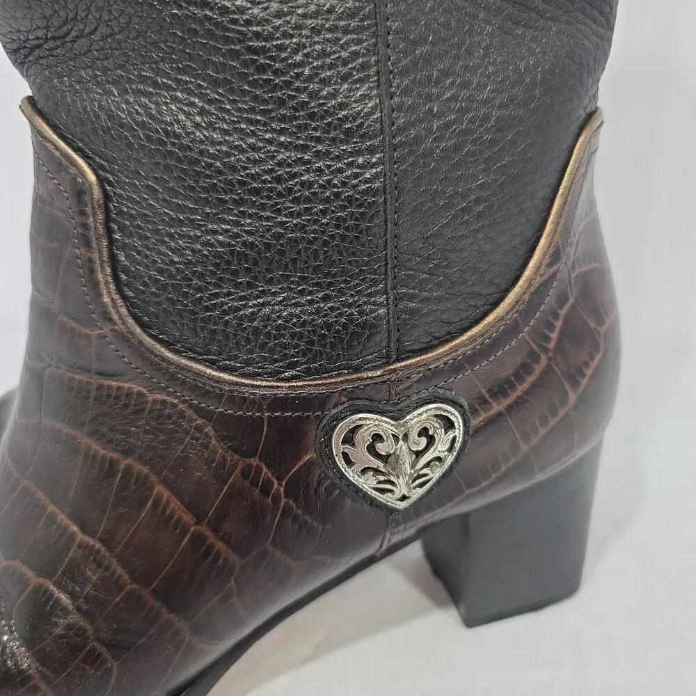 Brighton Women’s Toby Western Boots Sz 7.5 Black Brown Heart Charm Leather NICE!